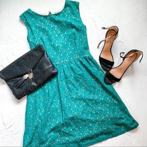 Teal blue green lace open back sleeveless A-line dress